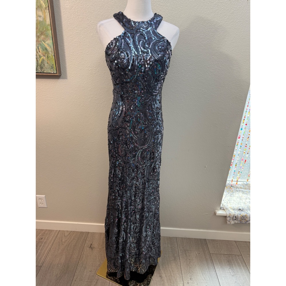 Morgan & Co Y2K navy blue sequin halter dress